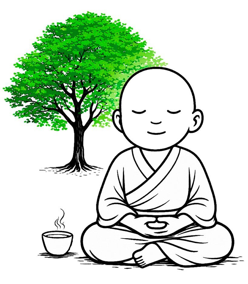 AI generated lineart buddhist monk meditating, a tree in the background, a cup of tea on the ground next to the monk